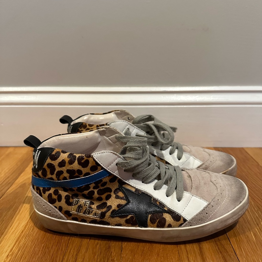 Golden Goose Leopard Print Sneakers with Blue and Black Accents